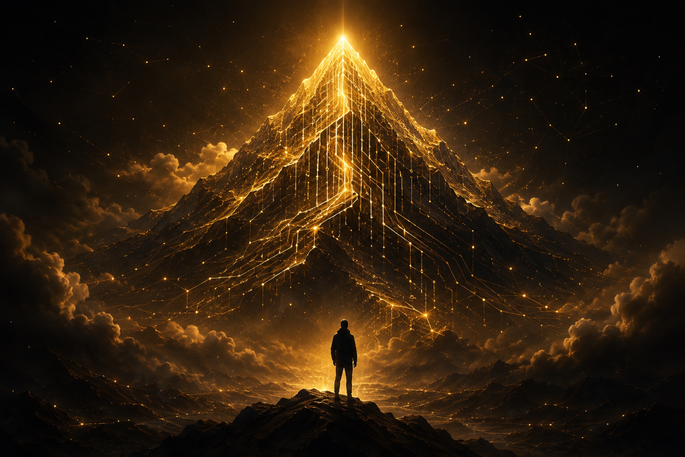 A person stands on a dark ridge, gazing up at a vast mountain laced with glowing golden circuitry